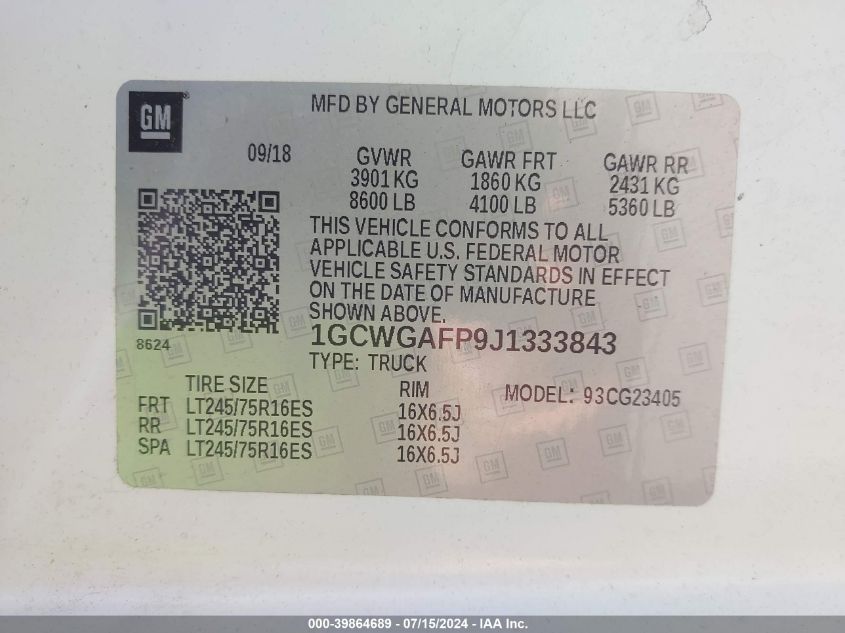 2018 Chevrolet Express 2500 Work Van VIN: 1GCWGAFP9J1333843 Lot: 39864689