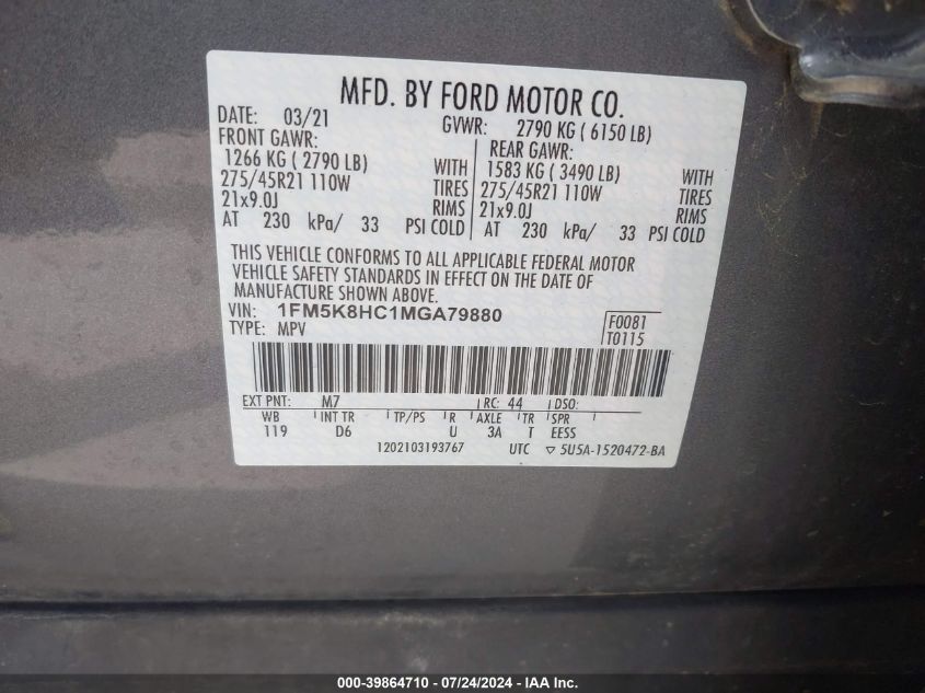 2021 Ford Explorer Platinum VIN: 1FM5K8HC1MGA79880 Lot: 39864710