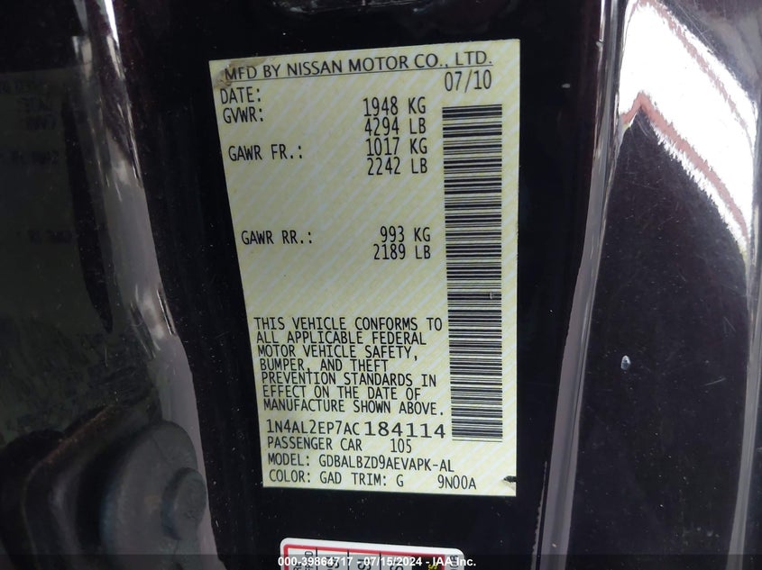 2010 Nissan Altima 2.5 S VIN: 1N4AL2EP7AC184114 Lot: 39864717