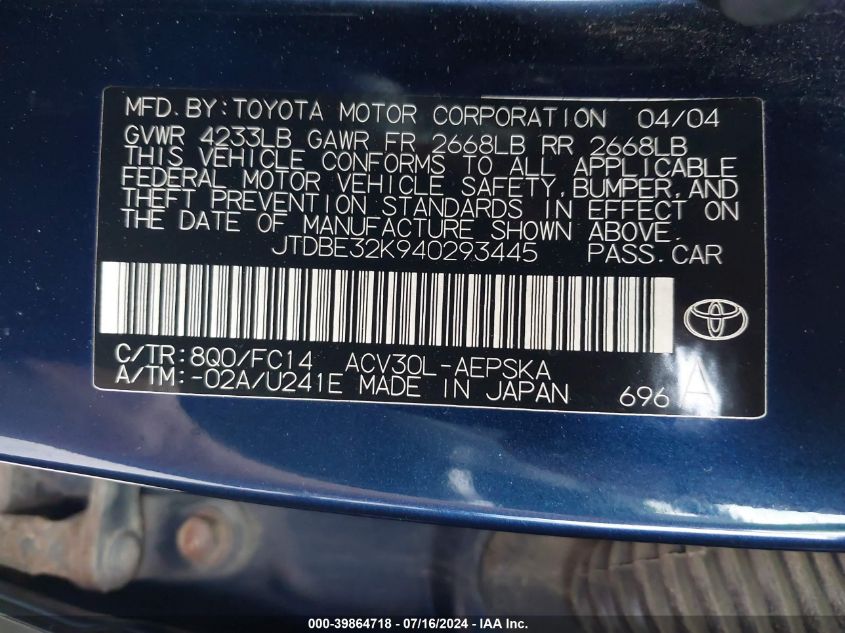 2004 Toyota Camry Se VIN: JTDBE32K940293445 Lot: 39864718