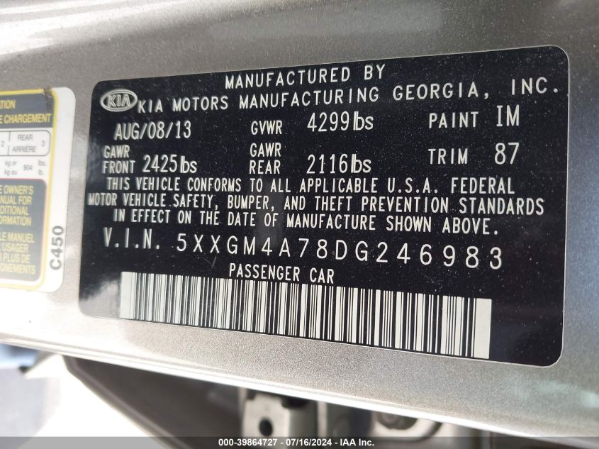 2013 Kia Optima Lx VIN: 5XXGM4A78DG246983 Lot: 39864727