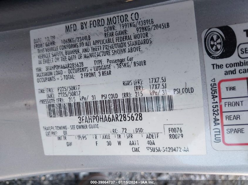 2010 Ford Fusion Se VIN: 3FAHP0HA6AR285628 Lot: 39864737