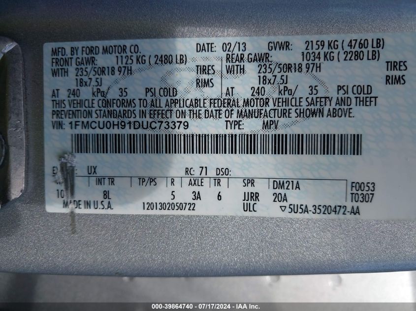 2013 Ford Escape Sel VIN: 1FMCU0H91DUC73379 Lot: 39864740