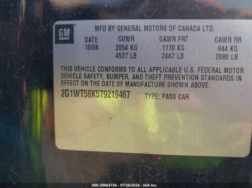 2007 Chevrolet Impala Lt VIN: 2G1WT58K579219467 Lot: 39864754