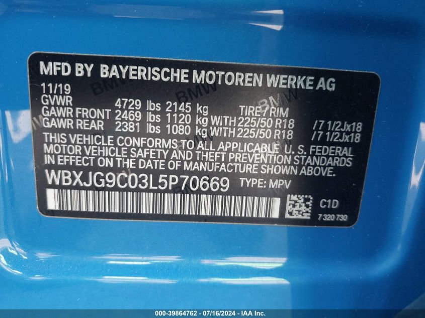 2020 BMW X1 xDrive28I VIN: WBXJG9C03L5P70669 Lot: 39864762