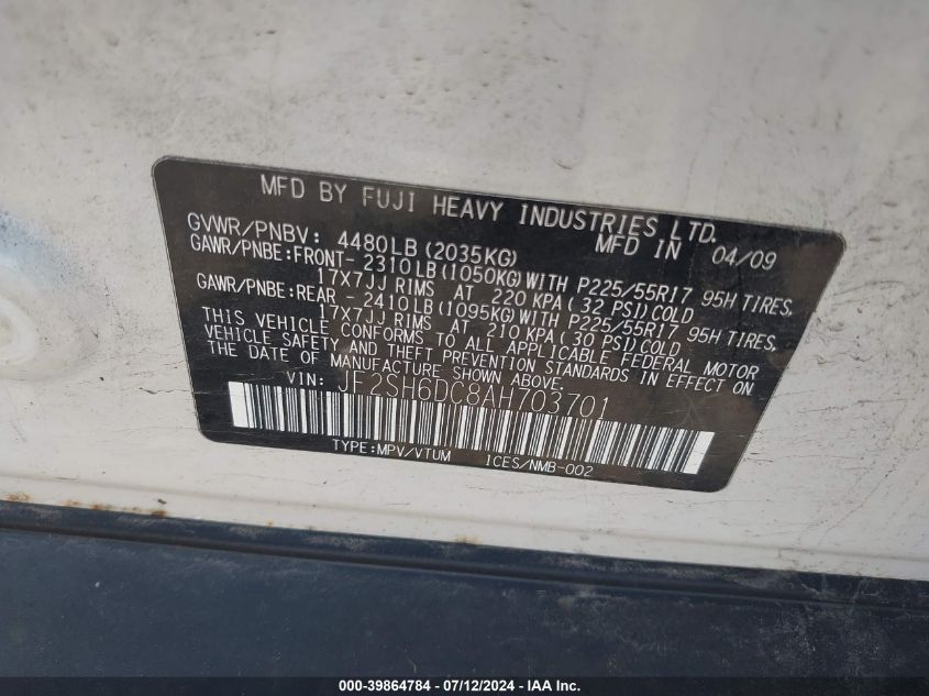 2010 Subaru Forester 2.5X Limited VIN: JF2SH6DC8AH703701 Lot: 39864784