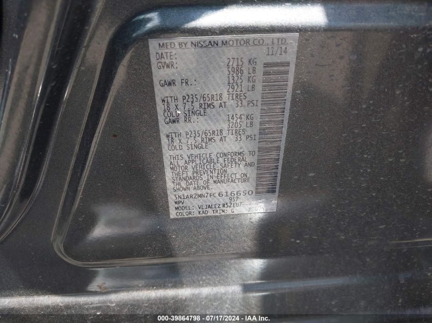 2015 Nissan Pathfinder Sv VIN: 5N1AR2MN7FC616650 Lot: 39864798