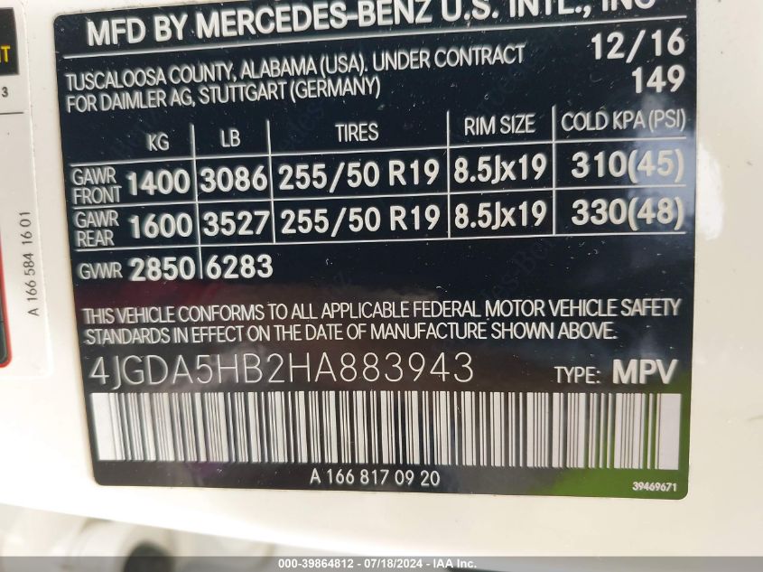 2017 Mercedes-Benz Gle 350 4Matic VIN: 4JGDA5HB2HA883943 Lot: 39864812