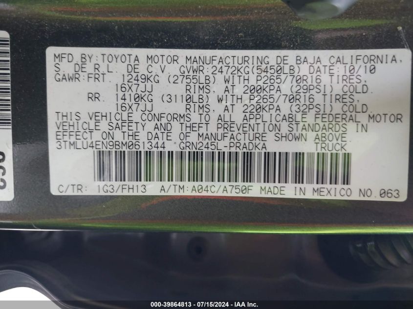 2011 Toyota Tacoma Base V6 VIN: 3TMLU4EN9BM061344 Lot: 39864813