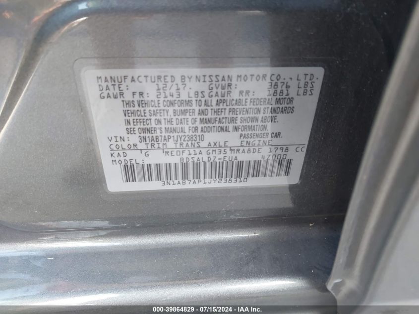 2018 Nissan Sentra Sv VIN: 3N1AB7AP1JY238310 Lot: 39864829