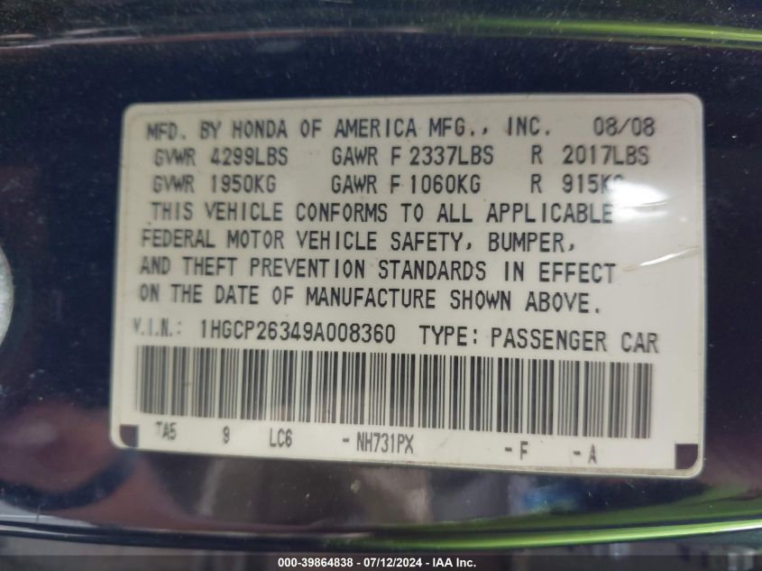 2009 Honda Accord 2.4 Lx VIN: 1HGCP26349A008360 Lot: 39864838