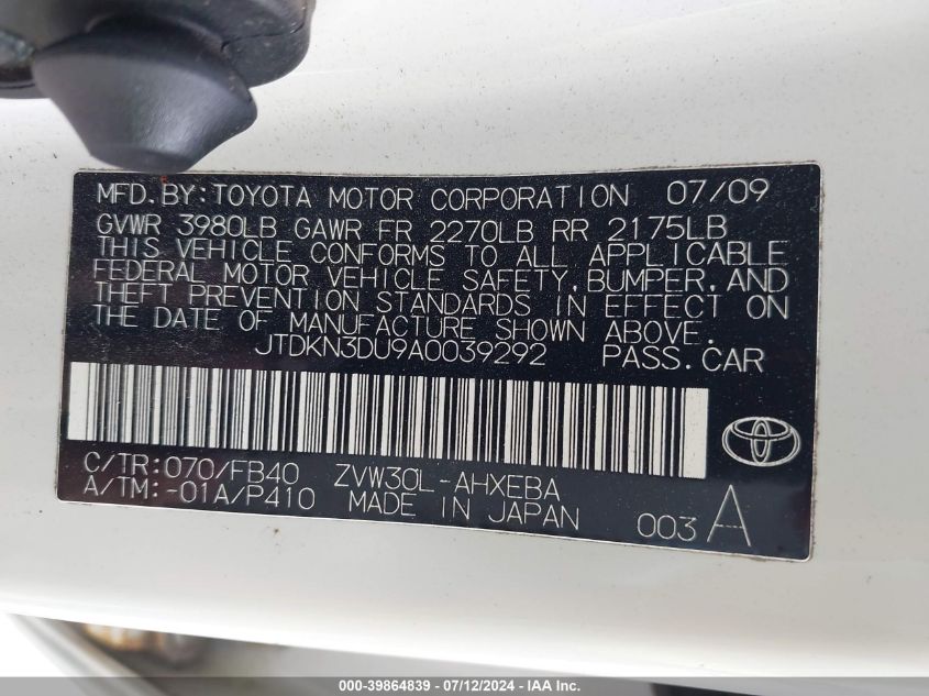 JTDKN3DU9A0039292 | 2010 TOYOTA PRIUS