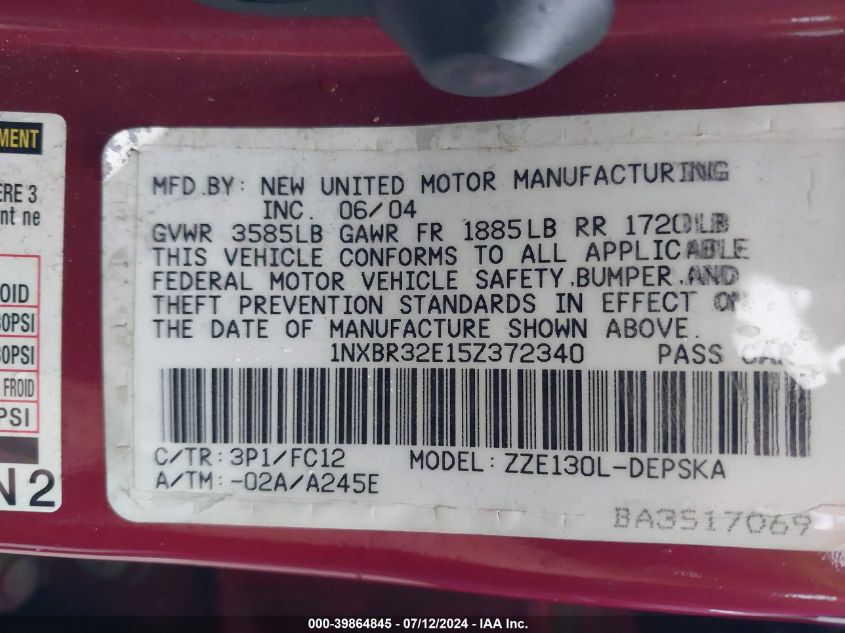 2005 Toyota Corolla S VIN: 1NXBR32E15Z372340 Lot: 39864845