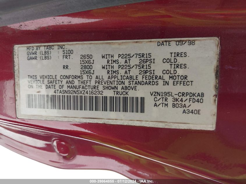 1999 Toyota Tacoma Prerunner V6 VIN: 4TASN92N5XZ416232 Lot: 39864855