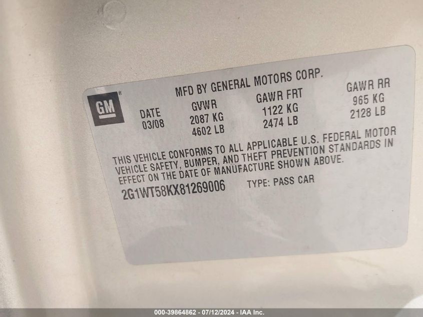2008 Chevrolet Impala Lt VIN: 2G1WT58KX81269006 Lot: 39864862