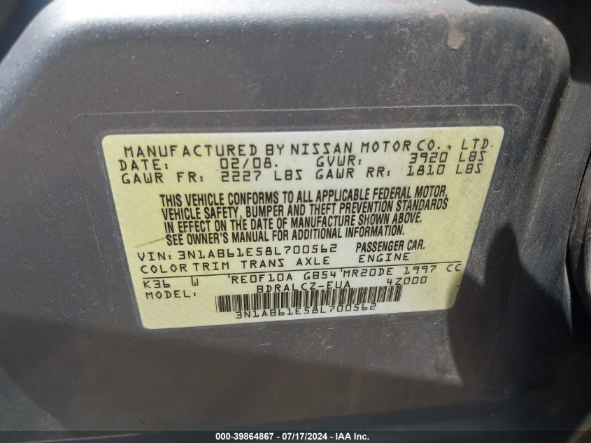 2008 Nissan Sentra 2.0 VIN: 3N1AB61E58L700562 Lot: 39864867