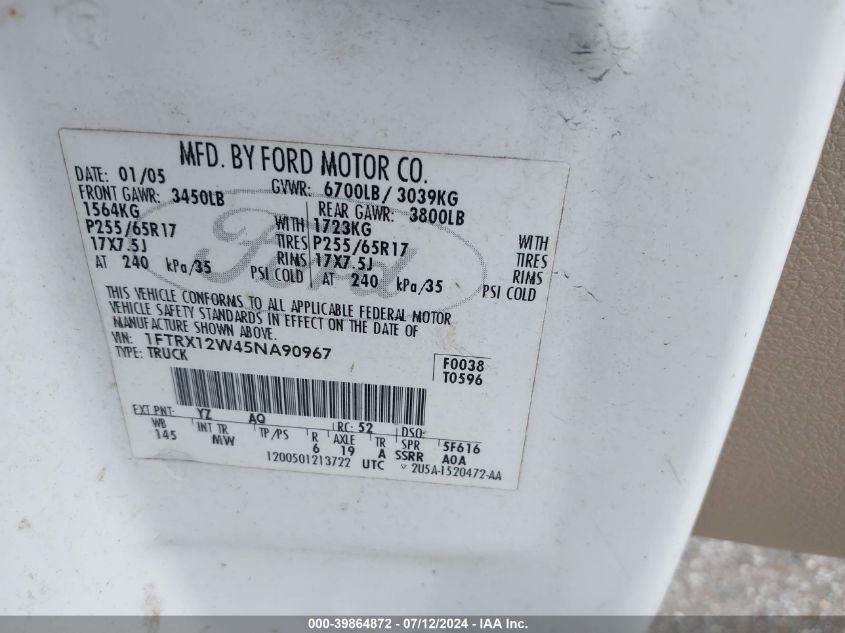 2005 Ford F-150 Stx/Xl/Xlt VIN: 1FTRX12W45NA90967 Lot: 39864872