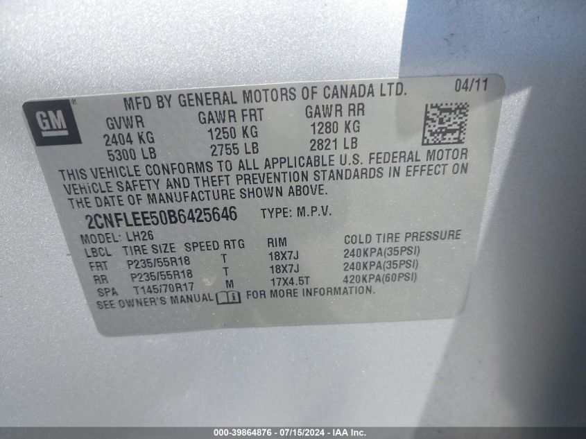 2011 Chevrolet Equinox 1Lt VIN: 2CNFLEE50B6425646 Lot: 39864876
