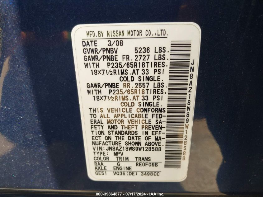 2009 Nissan Murano Sl VIN: JN8AZ18W89W128588 Lot: 39864877