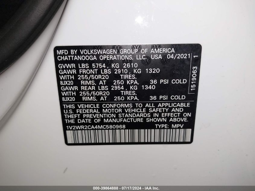 2021 Volkswagen Atlas Se VIN: 1V2WR2CA4MC580968 Lot: 39864888