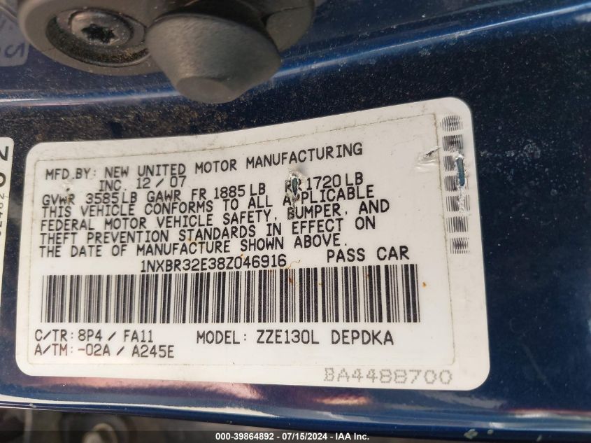 2008 Toyota Corolla Ce VIN: 1NXBR32E38Z046916 Lot: 39864892