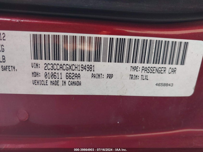 2012 Chrysler 300 Limited VIN: 2C3CCACGXCH194981 Lot: 39864903