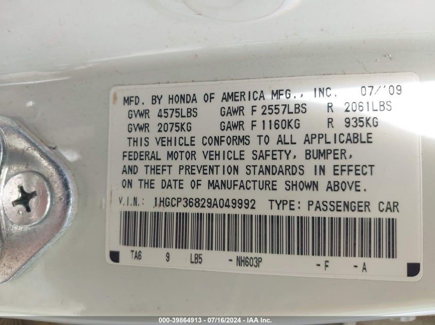 2009 Honda Accord Exl VIN: 1HGCP36829A049992 Lot: 39864913
