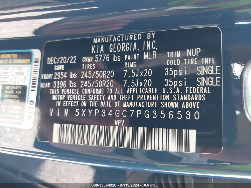 2023 Kia Telluride Ex VIN: 5XYP34GC7PG356530 Lot: 39864926