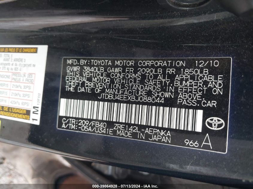 2011 Toyota Corolla Le VIN: JTDBU4EEXBJ088044 Lot: 39864928