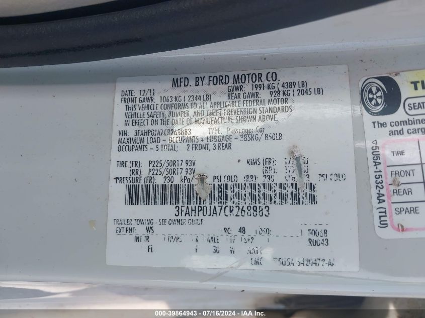 2012 Ford Fusion Sel VIN: 3FAHP0JA7CR268883 Lot: 39864943