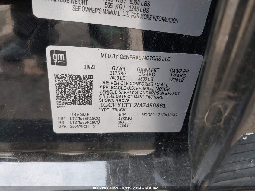 2021 Chevrolet Silverado K1500 Trail Boss Custom VIN: 1GCPYCEL2MZ450861 Lot: 39864951