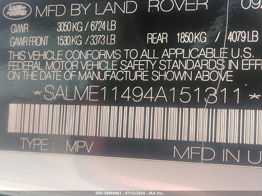 2004 Land Rover Range Rover Hse VIN: SALME11494A151311 Lot: 39864961