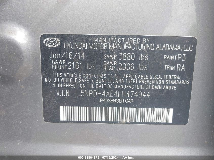 2014 Hyundai Elantra Se VIN: 5NPDH4AE4EH474944 Lot: 39864972