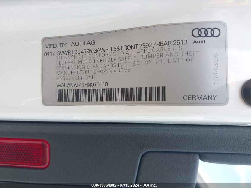 2017 Audi A4 2.0T Premium VIN: WAUANAF41HN070110 Lot: 39864982