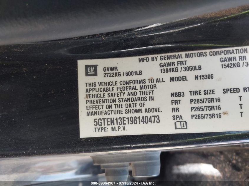 2009 Hummer H3 Suv VIN: 5GTEN13E198140473 Lot: 39864987