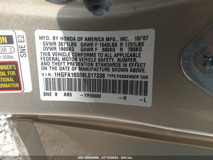 2008 Honda Civic Lx VIN: 1HGFA16558L017338 Lot: 39864998
