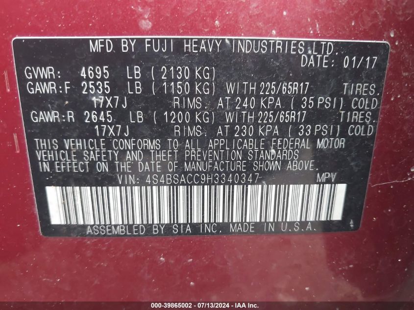 2017 Subaru Outback 2.5I Premium VIN: 4S4BSACC9H3340347 Lot: 39865002