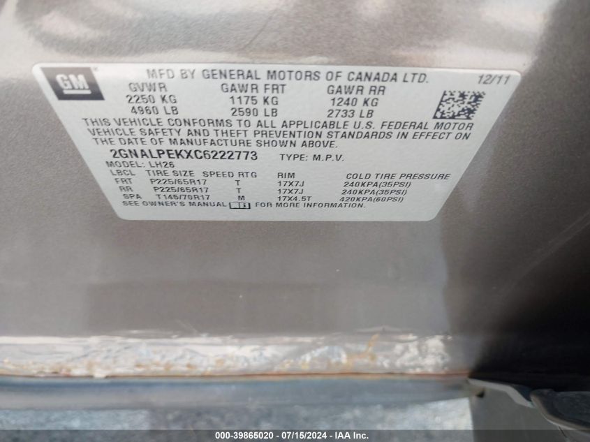 2012 Chevrolet Equinox 2Lt VIN: 2GNALPEKXC6222773 Lot: 39865020