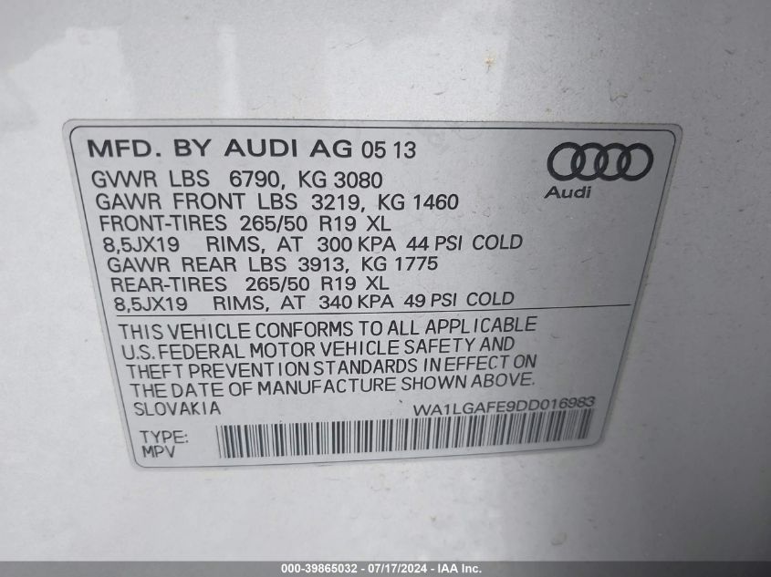 2013 Audi Q7 3.0T Premium VIN: WA1LGAFE9DD016983 Lot: 39865032