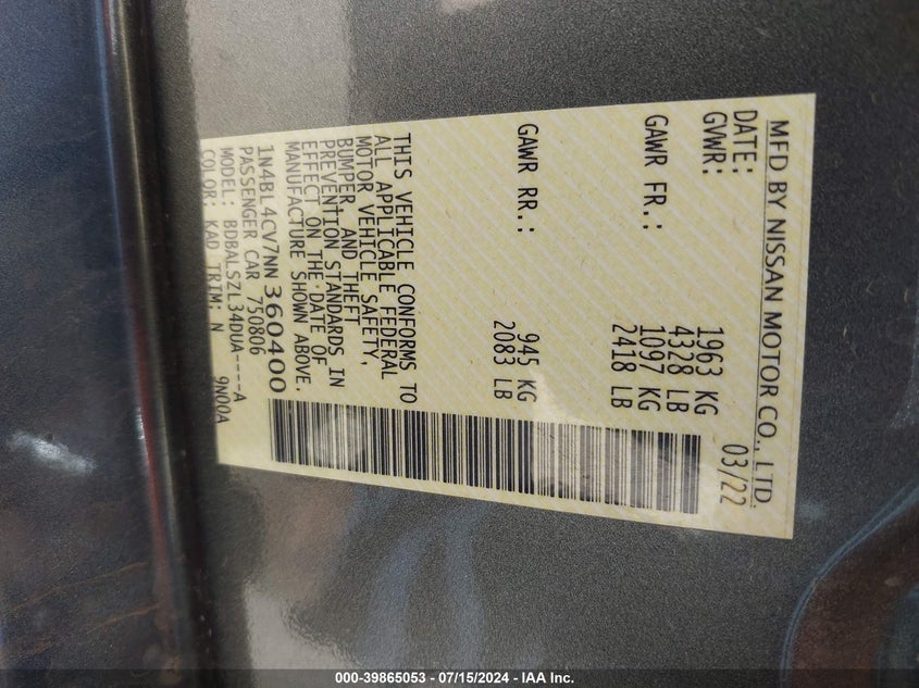 2022 Nissan Altima Sr Fwd VIN: 1N4BL4CV7NN360400 Lot: 39865053