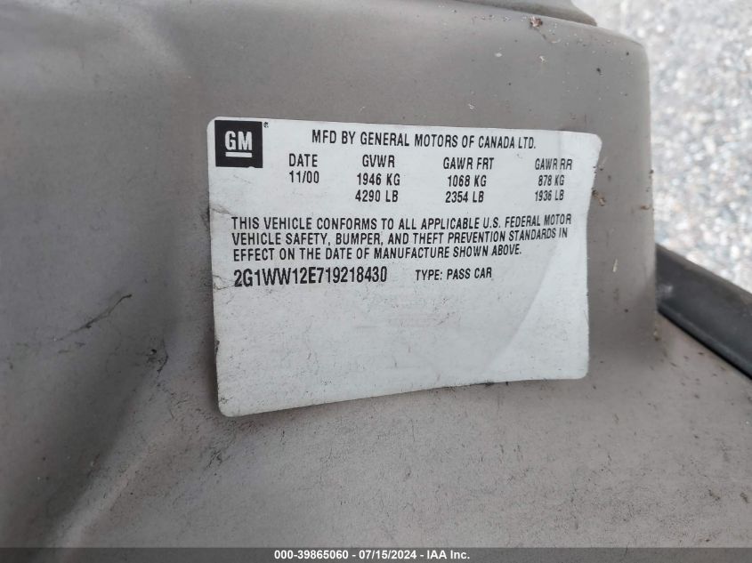 2001 Chevrolet Monte Carlo Ls VIN: 2G1WW12E719218430 Lot: 39865060