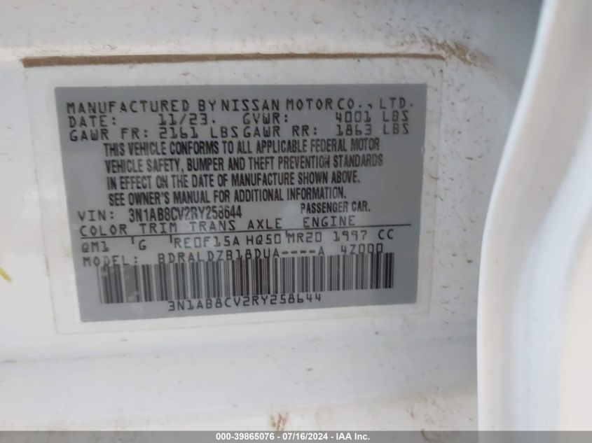 2024 Nissan Sentra Sv VIN: 3N1AB8CV2RY258644 Lot: 39865076