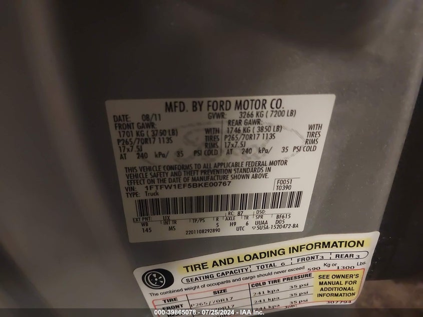 2011 Ford F-150 Xlt VIN: 1FTFW1EF5BKE00767 Lot: 39865078