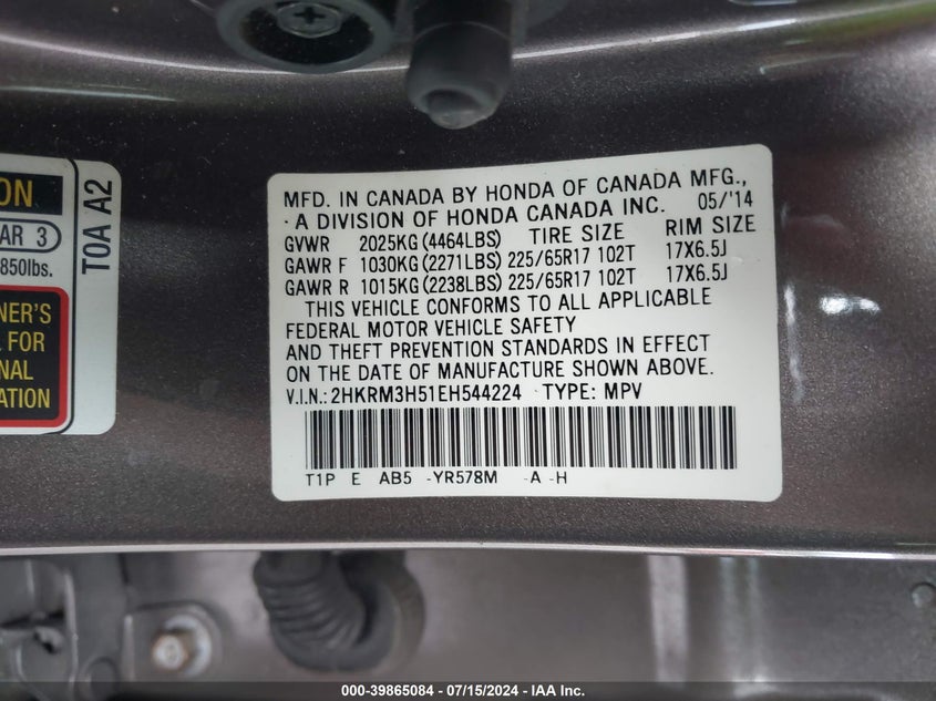 2014 Honda Cr-V Ex VIN: 2HKRM3H51EH544224 Lot: 39865084