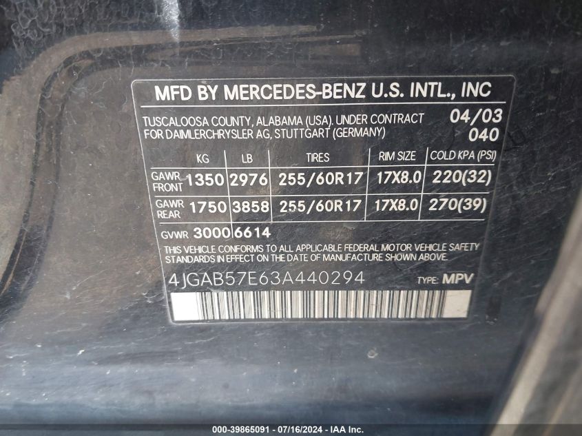 2003 Mercedes-Benz Ml 350 350 VIN: 4JGAB57E63A440294 Lot: 39865091