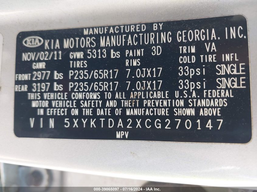 2012 Kia Sorento Lx V6 VIN: 5XYKTDA2XCG270147 Lot: 39865097