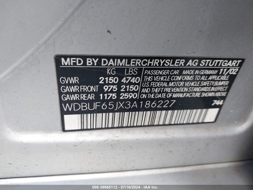 2003 Mercedes-Benz E 320 VIN: WDBUF65JX3A186227 Lot: 39865112