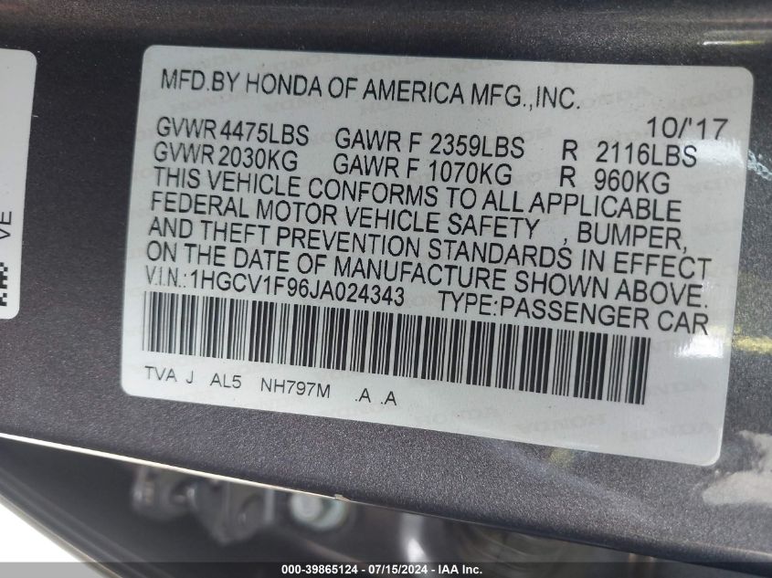 1HGCV1F96JA024343 2018 Honda Accord Touring