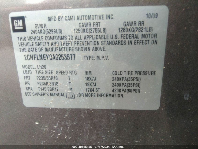 2010 Chevrolet Equinox Lt VIN: 2CNFLNEY0A6253577 Lot: 39865125