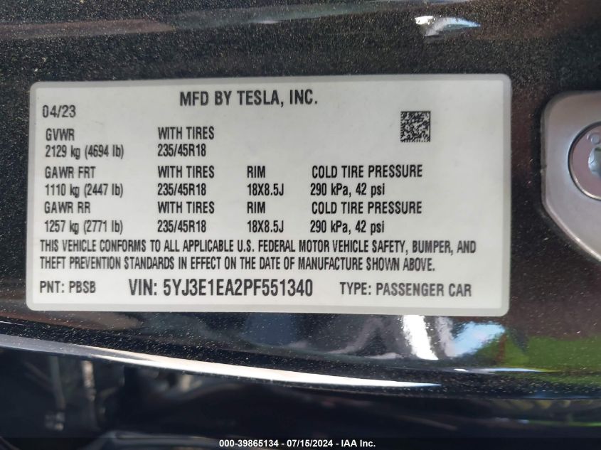 2023 Tesla Model 3 Rear-Wheel Drive VIN: 5YJ3E1EA2PF551340 Lot: 39865134